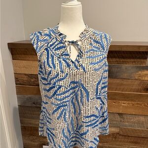 NIC+ZOE Blue and White Blouse with Tie Front and Mandarin Collar